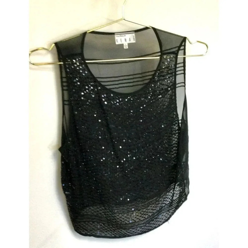 Ann Tjian for Kenar Womens Black Sequin Beaded Silk Sleeveless Tank Top Large